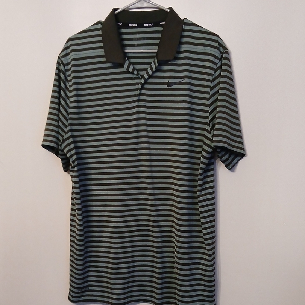 Nike Men's Polo Shirt - Black and Olive Stripes